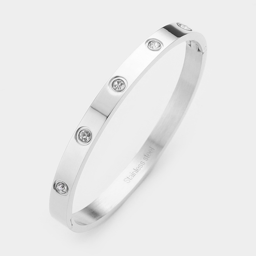 Silver Metal Stainless Steel Crystal Rhinestone Bangle Evening Bracelet Casual